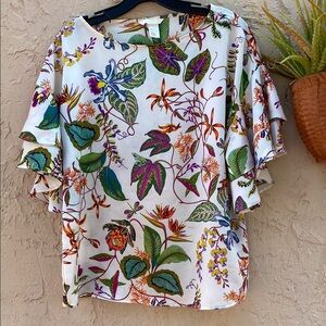 H&M Green and Red Flutter Sleeve Tropical Print Ruffled Blouse